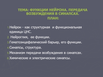 Функции нейрона. Передача возбуждения в синапсах