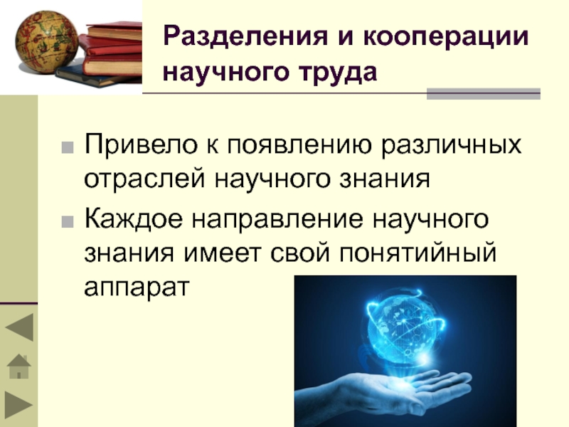 Разделения и кооперации научного труда  Привело к появлению различных отраслей научного знания