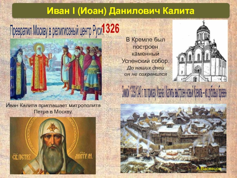 Перенесение резиденции. Иван Калита приглашает митрополита Петра в Москву. Резиденция митрополита Петра в Москве. Иван Калита 1328 Петр. Митрополит Петр 1325.