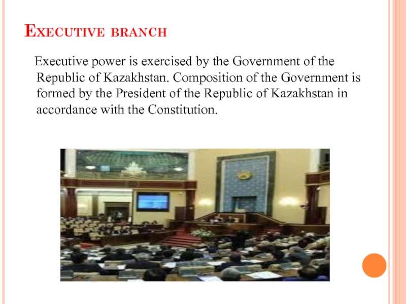 Executive branch    Executive power is exercised by the Government of the Republic of Kazakhstan.