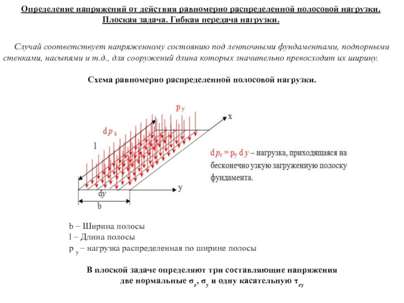 Равномерно распределенная нагрузка. Определение напряжений от равномерно распределенной нагрузки. Схема действия полосовой нагрузки. Главные напряжения от полосовой нагрузки. Распределение напряжений в грунте от полосовой равномерной нагрузки..