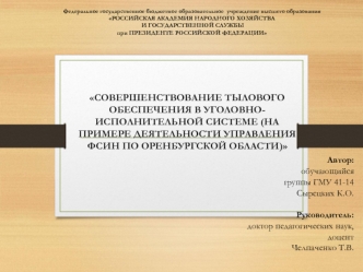 Совершенствование тылового обеспечения в уголовно-исполнительной системе (деятельность управления ФСИН по Оренбургской области)