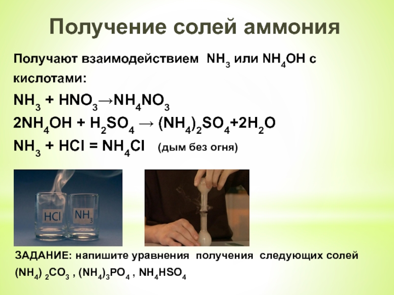 взаимодействием NH3 или NH4OH скислотами:NH3 + HNO3 → NH4NO32NH4OH...