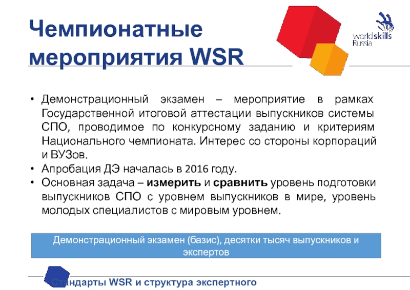 Экзаменационные мероприятия. Стандарты WSR. Уровни демонстрационного экзамена. Логотип демонстрационного экзамена по стандартам WSR. Уровень демонстрационный.