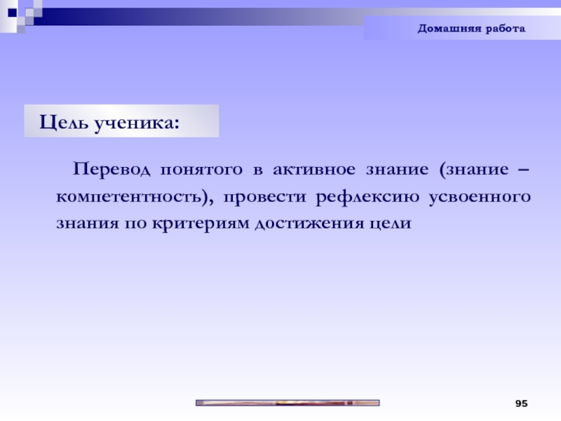 Понял перевод. Цель ученика. Цель домашней работы. Укажите минимальный уровень работы ученика с текстом:. Активное знание.