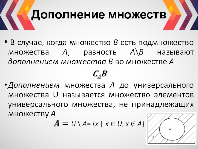 Объединение дополнений множеств. Дополнение в теории множеств. Дополнение множества обозначение. Операция дополнения множеств. Дополнение пересечения множеств.