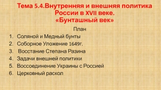 Внутренняя и внешняя политика России в XVII веке. Бунташный век