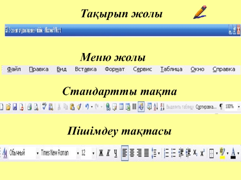 Тақырып жолы Меню жолы Стандартты тақта Пішімдеу тақтасы