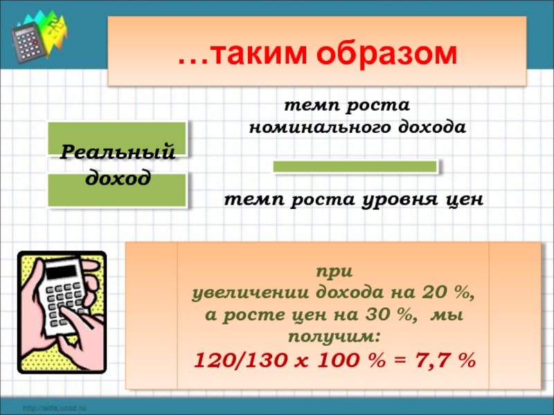 …таким образом темп роста номинального дохода  темп роста уровня цен  Реальный доход  при