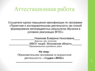 Аттестационная работа. Образовательная программа по внеурочной деятельности Студия ЭКОс