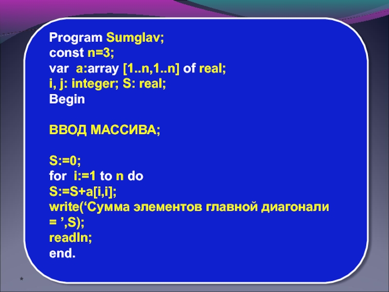 Var m array 1.10 of integer. Элементы массива real. Массив array of integer. Массиве a(1:3,1:3). Var array.