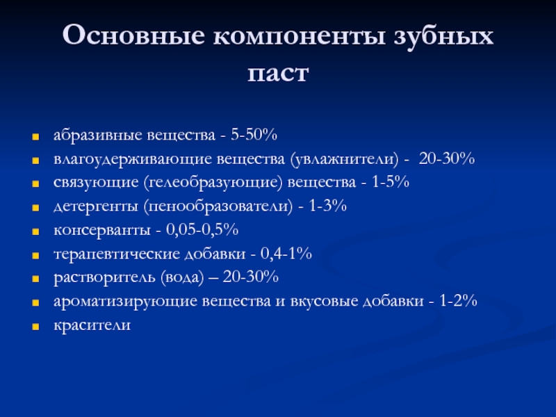 Основные компоненты зубной пасты. Абразивные компоненты зубных паст.