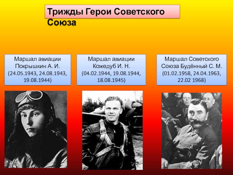 Кто стал первым трижды героем. Трижды герои Великой Отечественной войны 1941-1945. Покрышкин трижды герой советского Союза. Трижды герой Великой Отечественной войны. Буденный Покрышкин Кожедуб.