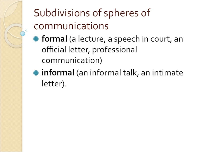 Subdivisions of spheres of communications formal (a lecture, a speech in court, an official letter, professional communication)