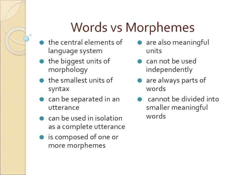 Words vs Morphemes  the central elements of language system  the biggest units of morphology