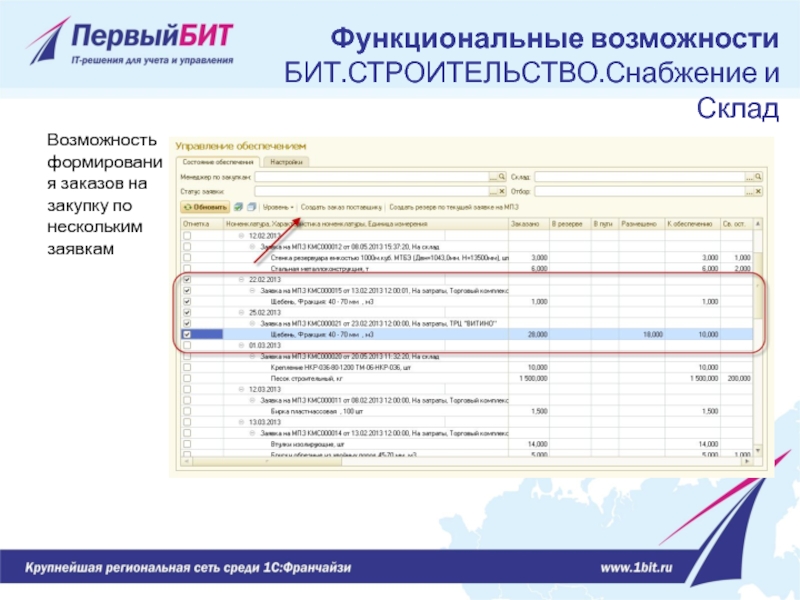 Возможность формирования заказов на закупку по нескольким заявкам Функциональные возможности  БИТ.СТРОИТЕЛЬСТВО.Снабжение и Склад