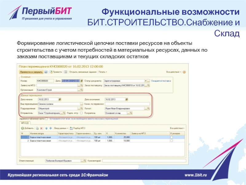 Формирование логистической цепочки поставки ресурсов на объекты строительства с учетом потребностей в