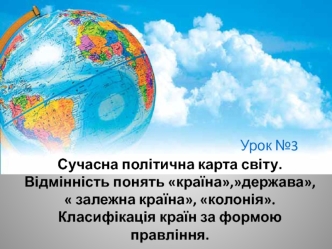 Відмінність понять країна,держава, залежна країна, колонія. Класифікація країн за формою правління (Урок №3)