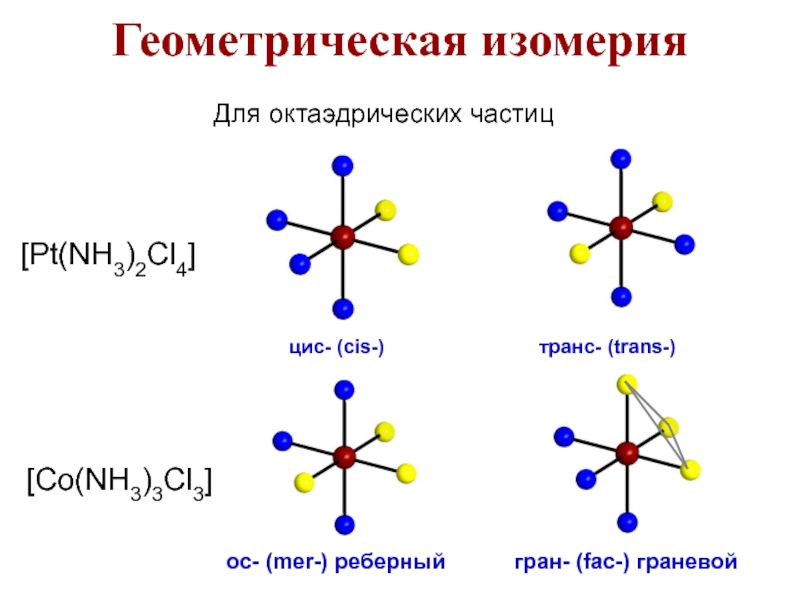 Геометрические изомеры. Изомерия октаэдрических комплексов. Октаэдрическая изомерия комплексных соединений. Pt nh3 cl2. Оптическая изомерия октаэдрических комплексов.