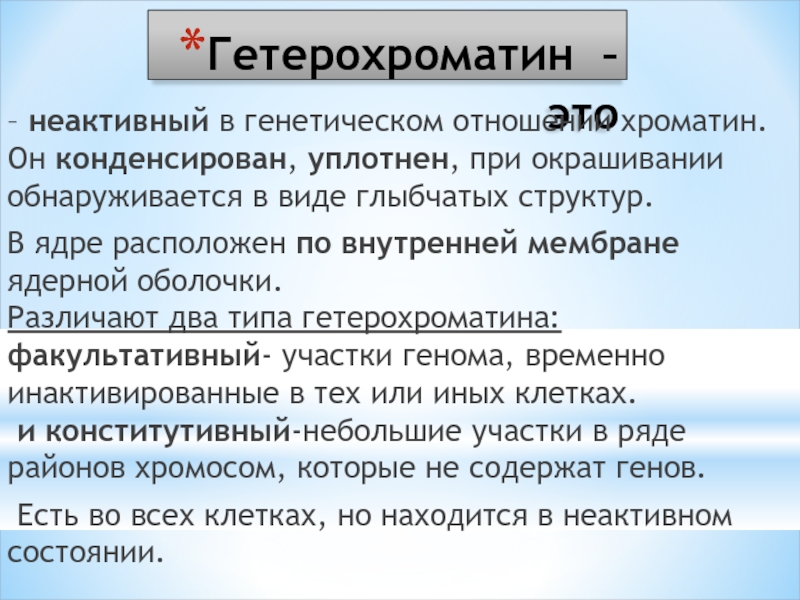 Факультативный гетерохроматин. Гетерохроматин это неактивный хроматин гидра.