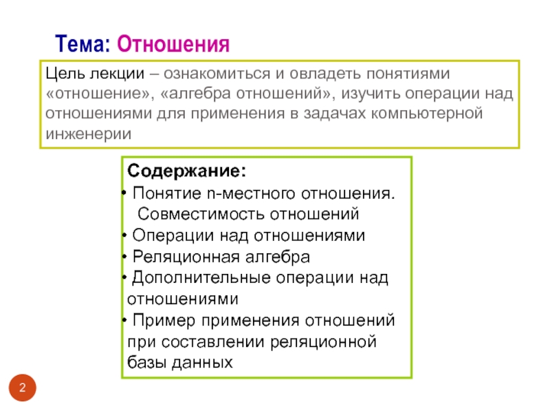 Содержание понятия отношений. Отношение Алгебра. N местное отношение на множестве. И местное отношение. Теории множественности целей.