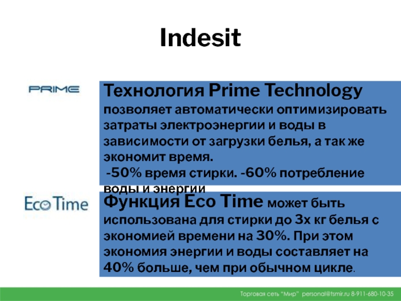 Indesit Технология Prime Technology позволяет автоматически оптимизировать затраты электроэнергии и