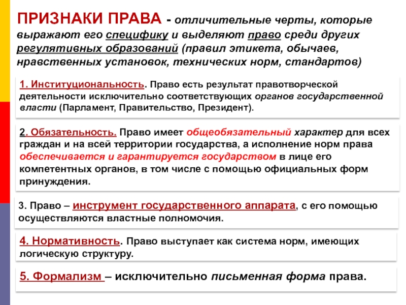 Право обеспечивается силой. Признаки формы права. Признаки права с примерами. Право отличительные черты. Отличительный признак права – это.