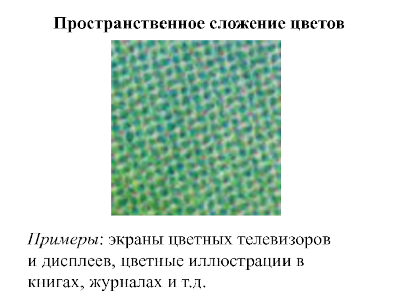 Пространственное сложение цветов Примеры: экраны цветных телевизоров и дисплеев, цветные иллюстрации в