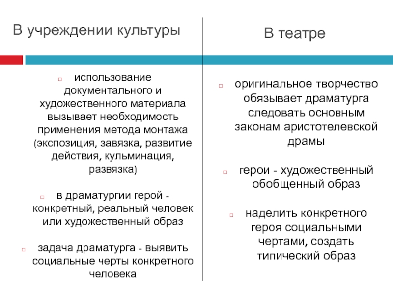 использование документального и художественного материала вызывает необходимость применения метода монтажа (экспозиция, завязка,