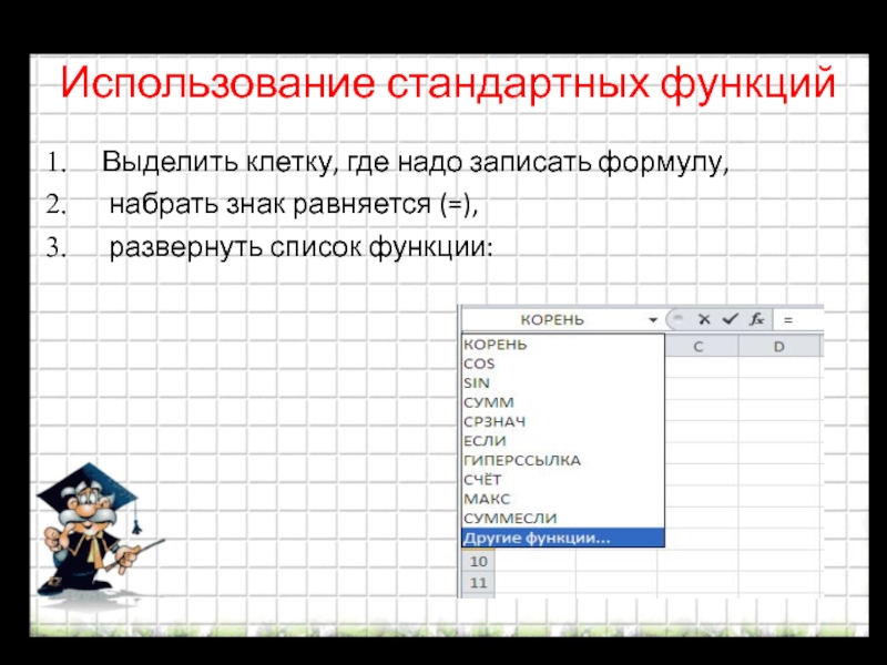 Электронная функция. Использование стандартных функций. Использование в формулах стандартных функций.. Применение стандартных функций в электронных таблицах. Развернутый список.