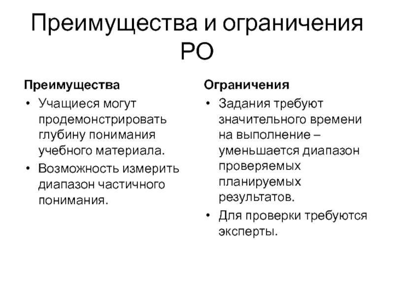 Преимущества и ограничения РО Преимущества Учащиеся могут продемонстрировать глубину понимания учебного материала.