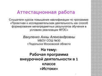 Аттестационная работа. Рабочая программа внеурочной деятельности в 1 классе Истоки