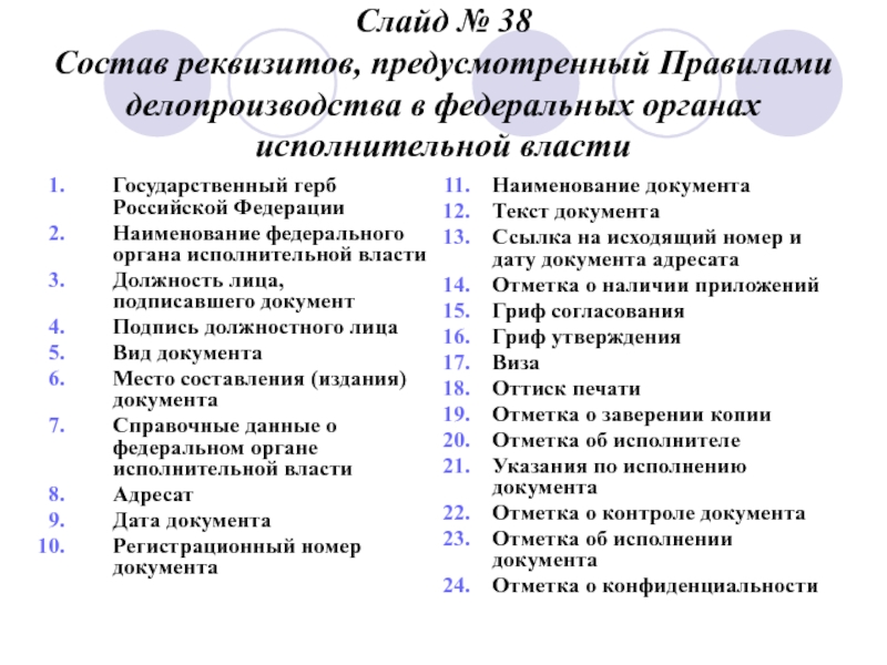 Слайд № 38
 Состав реквизитов, предусмотренный Правилами делопроизводства в федеральных органах исполнительной власти Государственный герб Российской Федерации