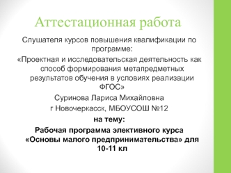 Аттестационная работа. Рабочая программа элективного курса Основы малого предпринимательства для 10-11 кл