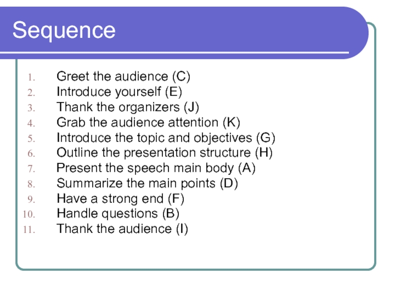 Sequence Greet the audience (C) Introduce yourself (E) Thank the organizers (J)