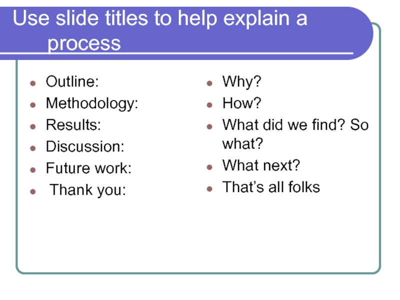 Use slide titles to help explain a process Outline: Methodology: Results: