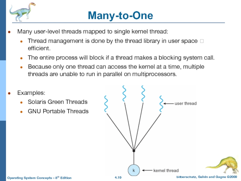 Many-to-OneMany user-level threads mapped to single kernel thread:Thread management is done