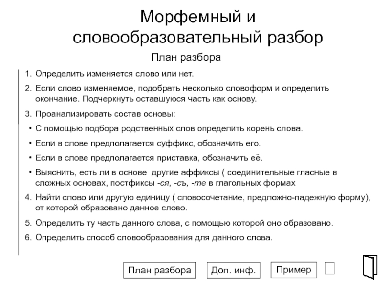 Сделать морфемный словообразовательный разбор слова. Морфемный и словообразовательный разбор схема. План словообразовательного разбора. Фонетический морфемный морфологический синтаксический разбор. Морфемный и словообразовательный разбор.