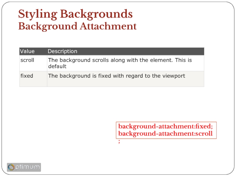 Styling Backgrounds Background Attachment background-attachment:fixed; background-attachment:scroll;