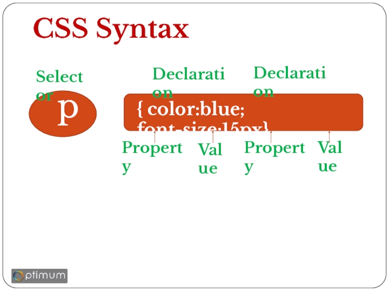 CSS Syntax   p  { color:blue;  font-size:15px} Selector Declaration Declaration Property Value Property Value