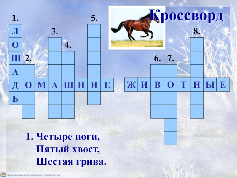 Четыре ноги пятый хвост шестая грива. Кроссворд животные зимой. Кроссворд дживотные зимой. Кроссворд зимующие животные.