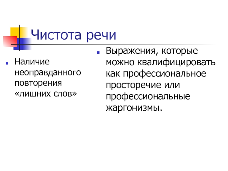 Чистота речиНаличие неоправданного повторения «лишних слов»Выражения, которые можно квалифицировать как профессиональное просторечие или профессиональные жаргонизмы.