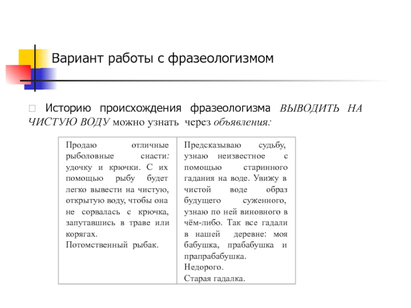 Вариант работы с фразеологизмом? Историю происхождения фразеологизма ВЫВОДИТЬ НА ЧИСТУЮ ВОДУ можно узнать через объявления: 