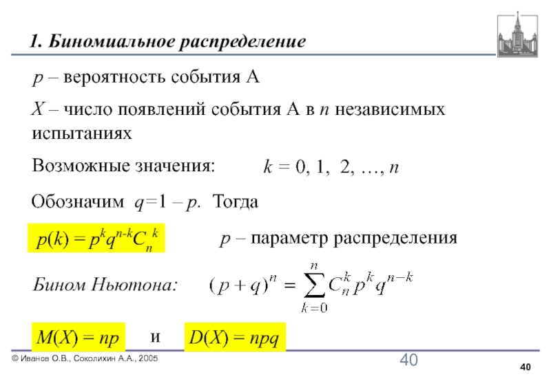 Биномиальный закон распределения презентация