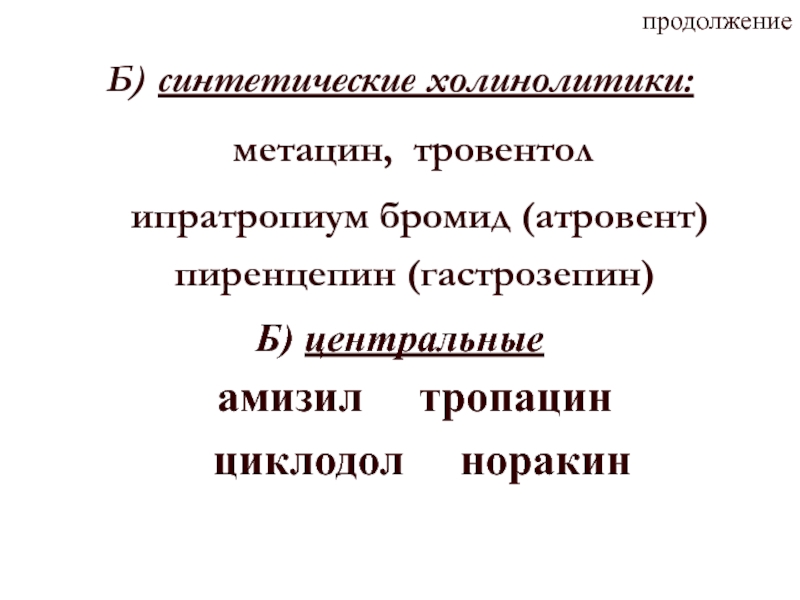 Б продолжение. Синтетические холинолитики. Тровентол механизм действия. Тровентол или Ипратропиум бромид\. Норакин Центральный холинолитик.