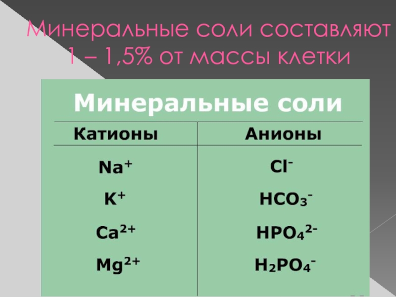 Масса клетки. Катионы и анионы клетки таблица. Неорганические вещества клетки катионы и анионы. Минеральные соли в клетке анионы катионы. Минеральные соли составляют 40% массы клетки.