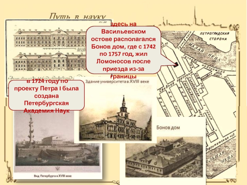 Где находится бон. Где жил Ломоносов. Места связанные с Петром 1 на Васильевском. Где родился и где жил Ломоносов. Театр в Петербурге 1757 год.