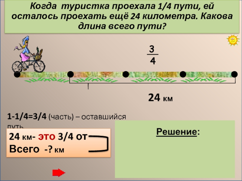 Какова длинна. Осталось проехать. Всего пути. 1/3 Всего пути. Первые 1/4 пути. Путь длиной 42 км.