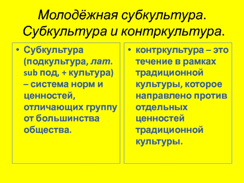 Примеры контркультуры обществознание. Молодежная субкультура и Контркультура. Признаки контркультуры. Черты контркультуры. Субкультура и Контркультура примеры.