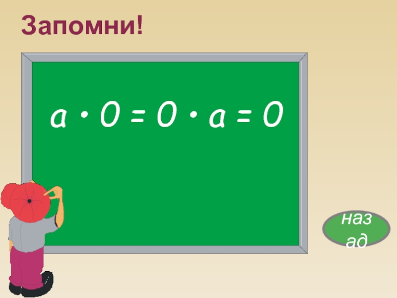 Назад 0. Запомни а*1=а а*0=0. Запомни. Слайд запомни.